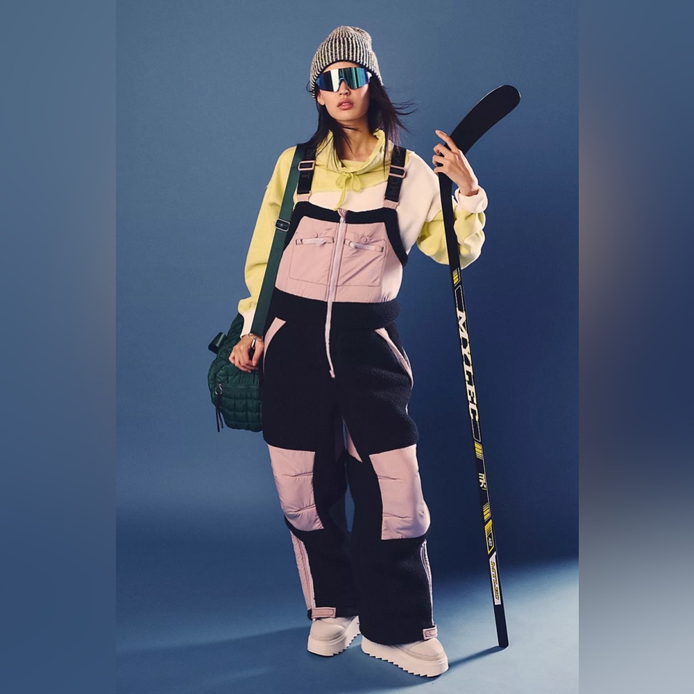 NEW Free People FP Movement Hit The Slopes Fleece Overalls in Black Combo